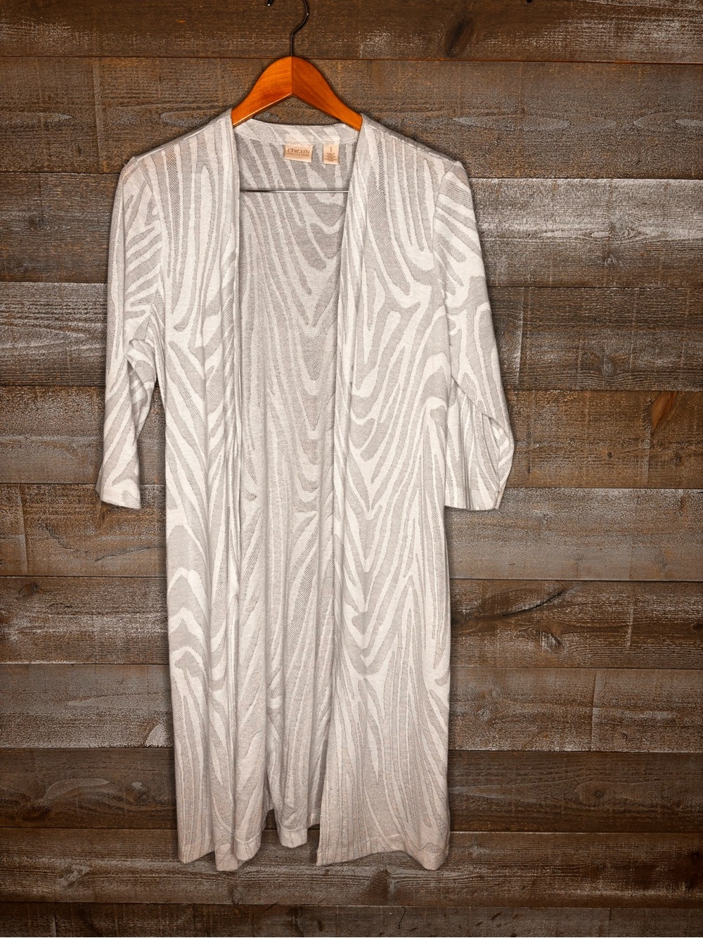Chico’s metallic blend zebra printed Long duster Open Cardigan